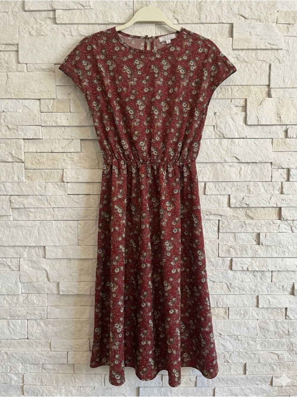 Floral Rust Midi Dress with Elastic Waist